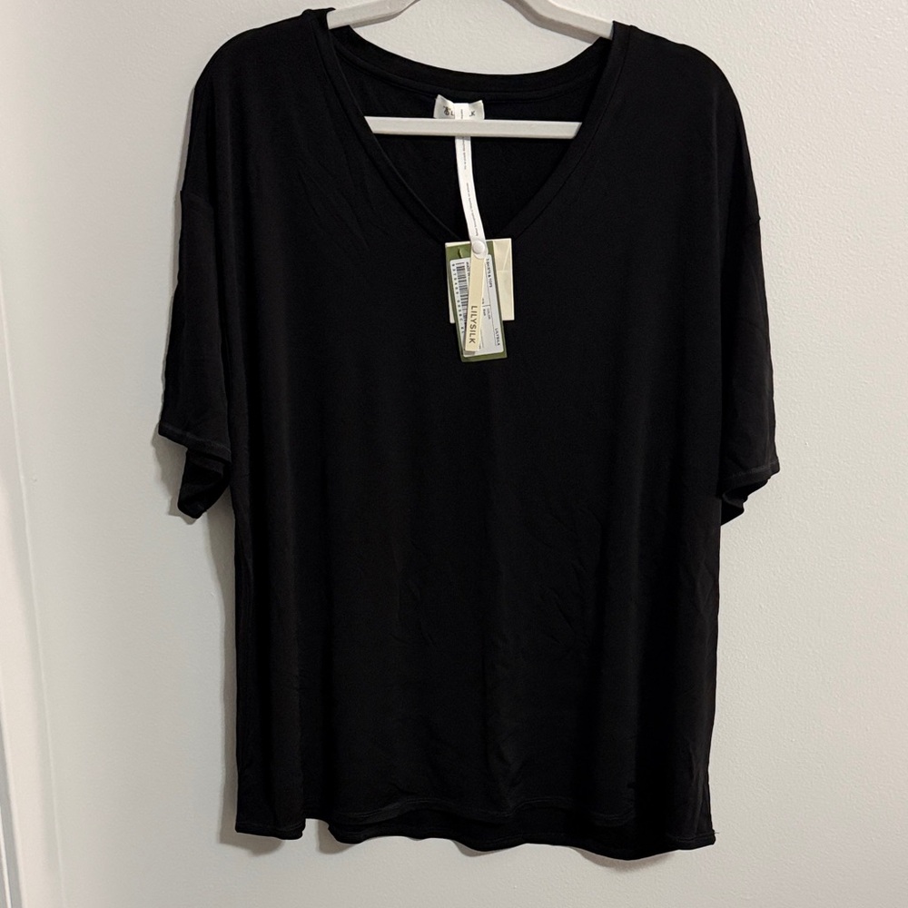 LILY SILK Women’s V-Neck Black Top - Lightweight Short Sleeve